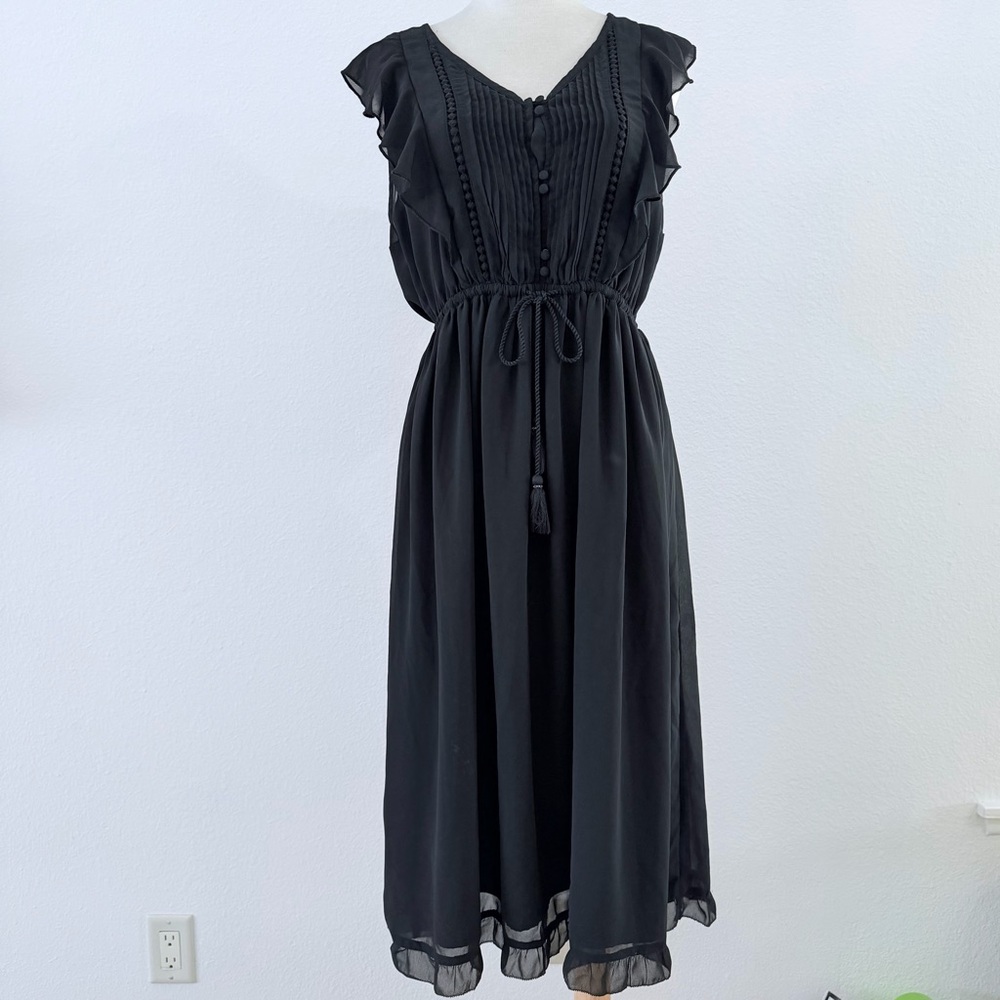 NEW Abercrombie & Fitch Black Ruffle Sleeveless Midi Dress with Tie Waist Size L